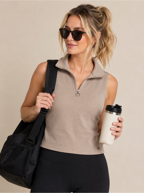Calvin Klein Tops - Sleeveless Half-Zip Ribbed Tank Top in Taupe ribbed - Calvin Klein